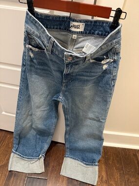 PAIGE Relaxed Boyfriend Jeans in Medium Light Blue with Cuffed Hem